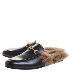 Gucci Black Leather And Fur Princetown Horsebit Loafer Slides Size 42