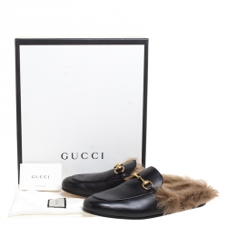 Gucci Black Leather And Fur Princetown Horsebit Loafer Slides Size 42