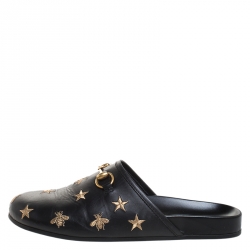 Gucci Black Star And Bee Embroidered Leather River Princetown Slippers Size 41.5
