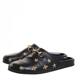 Gucci Black Star And Bee Embroidered Leather River Princetown Slippers Size 41.5