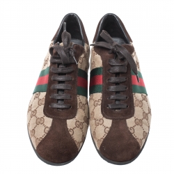 Gucci Beige/Brown GG Canvas and Suede Web Low Top Sneakers Size 38.5