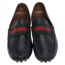 Gucci Black Leather Web Detail Loafers Size 41