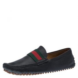 Gucci Black Leather Web Detail Loafers Size 41
