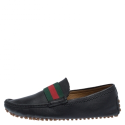 Gucci Black Leather Web Detail Loafers Size 41
