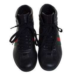 Pre Owned Gucci Black Leather Web Detail High Top Lace Up Sneaker Size 40
