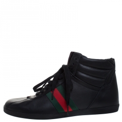 Pre Owned Gucci Black Leather Web Detail High Top Lace Up Sneaker Size 40