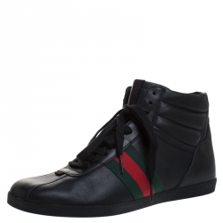 Gucci Black Leather Web Detail High Top Lace Up Sneaker Size 40