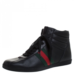 Pre Owned Gucci Black Leather Web Detail High Top Lace Up Sneaker Size 40