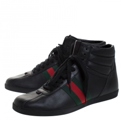 Gucci Black Leather Web Detail High Top Lace Up Sneaker Size 40
