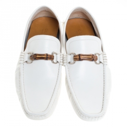 Gucci White Leather Bamboo Horsebit Collapsible Heel Loafer Size 44.5