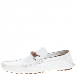 Gucci White Leather Bamboo Horsebit Collapsible Heel Loafer Size 44.5
