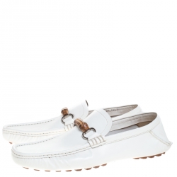 Gucci White Leather Bamboo Horsebit Collapsible Heel Loafer Size 44.5