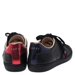Gucci Black Leather Ace Web Bee Low Top Lace Up Sneakers Size 38