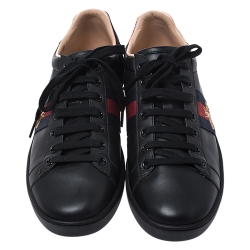 Gucci Black Leather Ace Web Bee Low Top Lace Up Sneakers Size 38