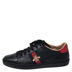Gucci Black Leather Ace Web Bee Low Top Lace Up Sneakers Size 38