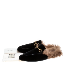 Gucci Black/Brown Velvet and Fur Lined Princetown Flat Mule Size 44