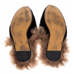 Gucci Black/Brown Velvet and Fur Lined Princetown Flat Mule Size 44