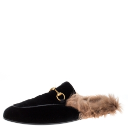 Gucci Black/Brown Velvet and Fur Lined Princetown Flat Mule Size 44