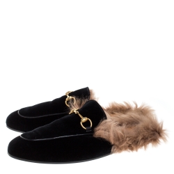 Gucci Black/Brown Velvet and Fur Lined Princetown Flat Mule Size 44