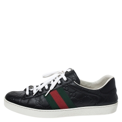 Pre Owned Gucci GG Black Leather Web Detail Low Top Sneakers Size 43