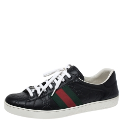 Pre Owned Gucci GG Black Leather Web Detail Low Top Sneakers Size 43