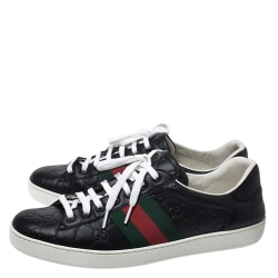 Pre Owned Gucci GG Black Leather Web Detail Low Top Sneakers Size 43