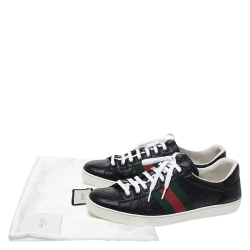Pre Owned Gucci GG Black Leather Web Detail Low Top Sneakers Size 43