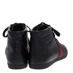 مملوكة مسبقًا حذاء رياضي غوتشي أربطة مرتفع من أعلى تفاصل ويب جلد أسود مقاس 41