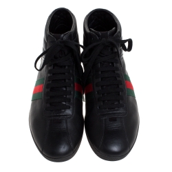 مملوكة مسبقًا حذاء رياضي غوتشي أربطة مرتفع من أعلى تفاصل ويب جلد أسود مقاس 41