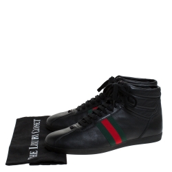 مملوكة مسبقًا حذاء رياضي غوتشي أربطة مرتفع من أعلى تفاصل ويب جلد أسود مقاس 41