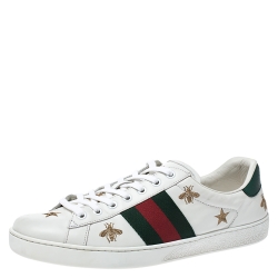 Gucci White Leather Ace Web Bee Embroidered Low Top Sneakers Size 42.5
