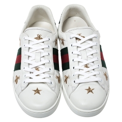 Gucci White Leather Ace Web Bee Embroidered Low Top Sneakers Size 42.5