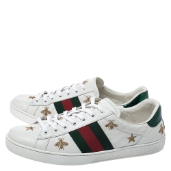 Gucci White Leather Ace Web Bee Embroidered Low Top Sneakers Size 42.5
