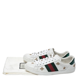 Gucci White Leather Ace Web Bee Embroidered Low Top Sneakers Size 42.5