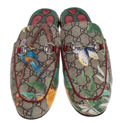 Pre Owned Gucci Beige GG Canvas Princetown Horsebit Tian Print Flat Mules Size 40