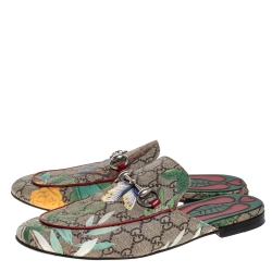 Pre Owned Gucci Beige GG Canvas Princetown Horsebit Tian Print Flat Mules Size 40