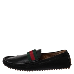Pre Owned Gucci Black Leather Web Detail Loafers Size 42