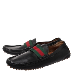 Pre Owned Gucci Black Leather Web Detail Loafers Size 42