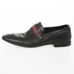 Pre Owned Gucci Black Leather Web Detail Drivers Size 42