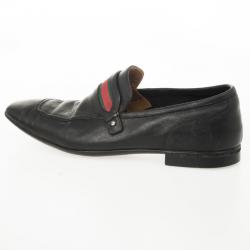 Pre Owned Gucci Black Leather Web Detail Drivers Size 42