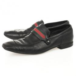 Pre Owned Gucci Black Leather Web Detail Drivers Size 42
