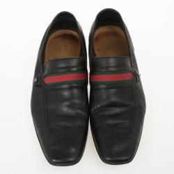 Pre Owned Gucci Black Leather Web Detail Drivers Size 42