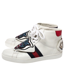 Gucci White Leather, Python Trim And Web Detail Lion Patch Ace High Top Sneakers Size 42.5