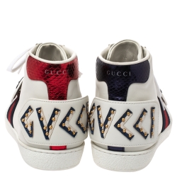 Gucci White Leather, Python Trim And Web Detail Lion Patch Ace High Top Sneakers Size 42.5