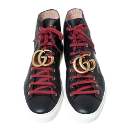 Gucci Black Textured Leather GG Marmont High Top Sneakers Size 42.5