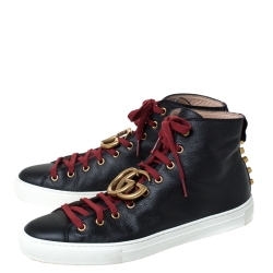 Gucci Black Textured Leather GG Marmont High Top Sneakers Size 42.5