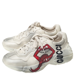 Gucci Ivory Distressed Leather Rhyton Mouth Print Platform Sneakers Size 41.5