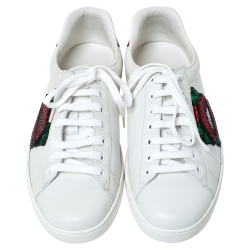 Pre Owned حذاء رياضي غوتشي منخفض من أعلى  Lips Ace ترتر جلد أبيض مقاس 35