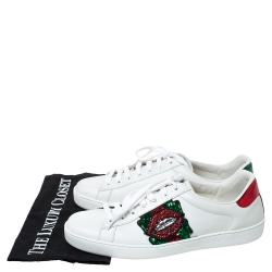 Pre Owned حذاء رياضي غوتشي منخفض من أعلى  Lips Ace ترتر جلد أبيض مقاس 35