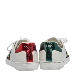 Pre Owned Gucci White Leather Ace Web Bee Low Top Sneakers Size 44
